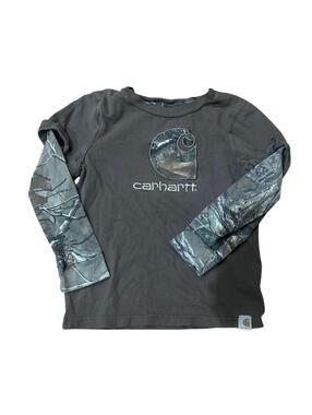 Carhartt Camo Sleeve Long Sleeve Shirt Brown Logo Workwear Kids Size 6